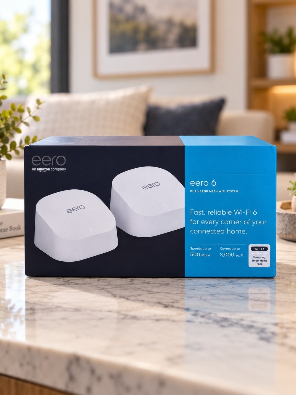 eero 6 Dual-Band Mesh Wi‑Fi System — White with Blue Packaging